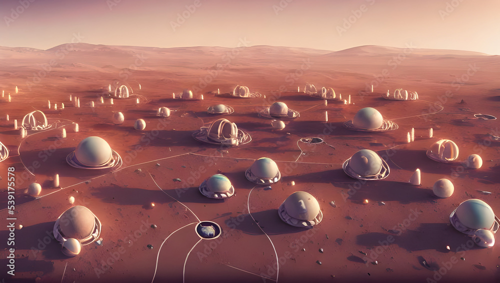 Wall mural mars base - planet mars colony with geodesic buildings / domes and small dust in the red desert - co
