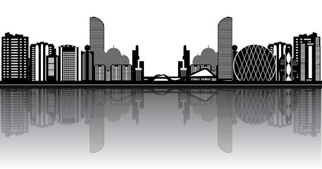 abu dhabi skyline landmark illustration black and white with reflecion