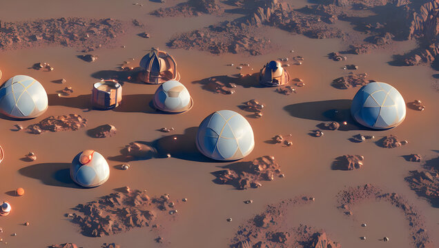 first martian colony - mars base - planet mars colony with geodesic buildings / domes and small dust in the red desert - concept art - digital painting - science fiction - space - solar system