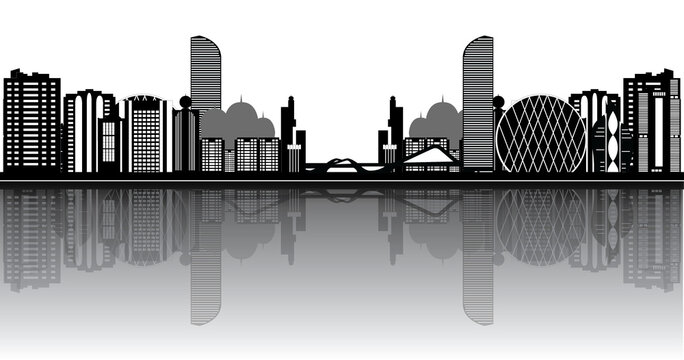 abu dhabi skyline landmark illustration black and white with reflecion