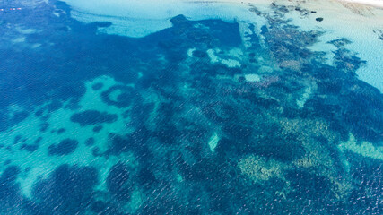 Aerial top view of Kabatepe beach in summer, clear nice water in a marvelous Turkish beach near Çanakkale