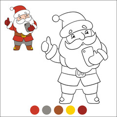 Merry Christmas and Happy New Year coloring page with example and color palette. Santa Claus holds a phone in the hand and smiles. He takes a selfie.