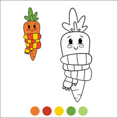 Merry Christmas and Happy New Year coloring page with example and color palette. Little cute carrot smiles. Christmas tree toy.