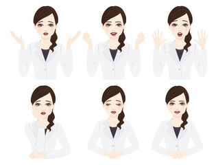 woman in a white coat with ponytail face expression illustration set