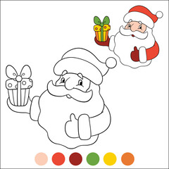 Merry Christmas and Happy New Year coloring page with example and color palette. Santa Claus holds a present in the hand and smiles.