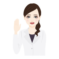 woman in a white coat with ponytail raise a hand