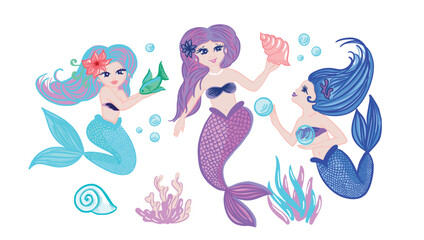 Childish illustration of a cute mermaid princess with colorful hair and other underwater elements.Vector illustration.