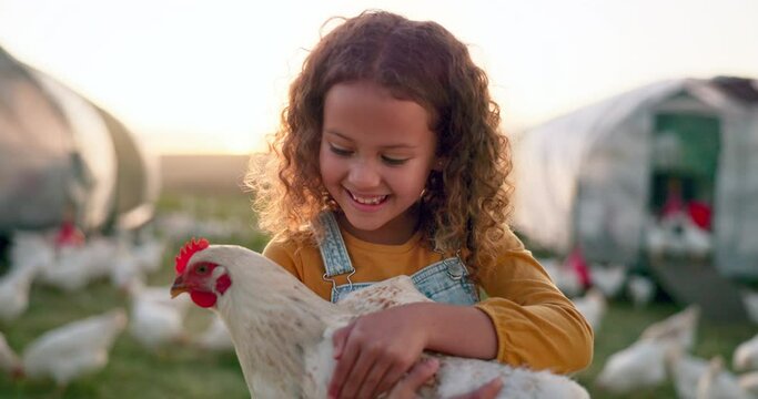 Farm, family and chicken with a girl, mother and father working in the poultry farming industry. Agriculture, sustainability and love with a woman, daughter and man at work as a bird farmer outdoor