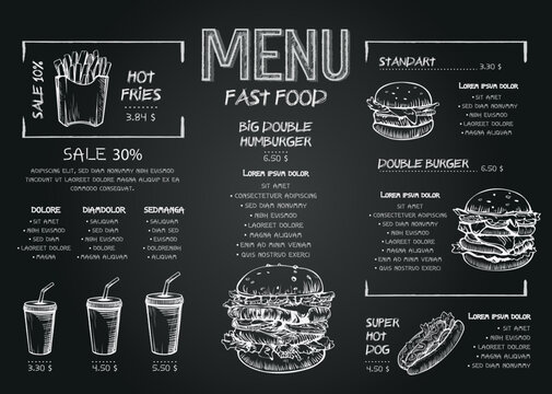 Fast food menu skech style. Can be used for layout, banner, web design, brochure template. Burger menu poster design on the chalkboard elements. Vector illustration