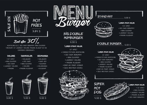 Burger menu poster design on the chalkboard elements. Vector illustration, Fast food menu skech style. Can be used for layout, banner, web design, brochure template