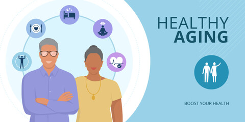 Healthy aging seniors banner with icons