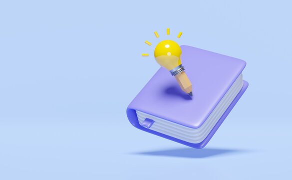 3d Purple Textbook, Close Book Icon With Light Bulb, Pencil Isolated On Blue Background. Idea Tip Education, Knowledge Creates Ideas Concept, Minimal Abstract, 3d Render Illustration, Clipping Path