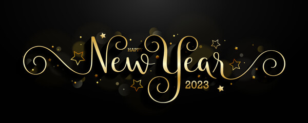 HAPPY NEW YEAR 2023 metallic gold brush calligraphy banner on black background