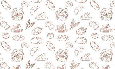 Bakery products doodle beige seamless pattern. Vector background included line icons as - pretzel, croissant, bagel, donut, challah, baguette, cinnamon roll. Wallpaper for bread and confectionery