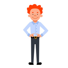 A young man in full height stands with his hands on his belt. Vector illustration in a flat style on an isolated white background.