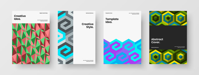 Clean booklet A4 design vector concept set. Unique mosaic hexagons corporate cover template composition.