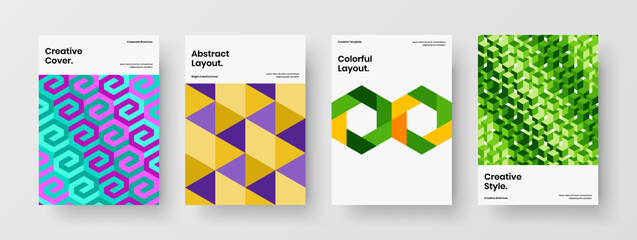 Clean geometric hexagons booklet template collection. Abstract leaflet vector design layout set.