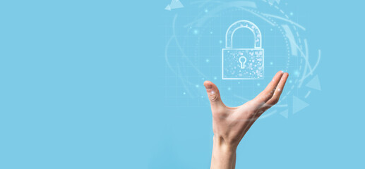 Cyber security network. Padlock icon and internet technology networking. Businessman protecting data personal information,virtual interface. Data protection privacy concept. GDPR. EU.digital crime