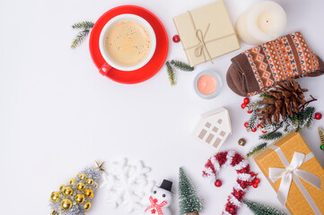 Top view Christmas flat lay  decorations on white background