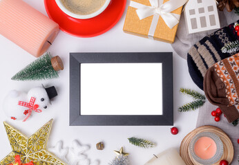 Top view Christmas flat lay  decorations on white background