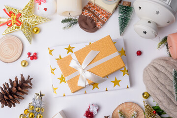 Top view Christmas flat lay  decorations on white background