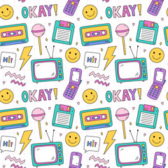 Bright seamless pattern with items from the nineties - retro flip phone, floppy disk, tv, smile, chupa chups and lightnings on checkered background. Nostalgia for the 1990s. Funny print.