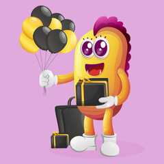 Cute yellow monster holding gift box celebrate black friday