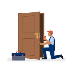 Professional locksmith service: locksmith repairing a door - obrazy, fototapety, plakaty