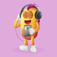 Cute yellow monster listening music on a smartphone using a headphone