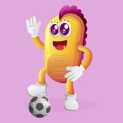 Cute yellow monster play football, soccer ball