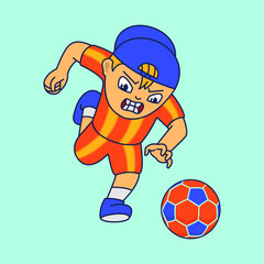cute character, kid playing ball, illustration of football, suitable for the needs of social media elements, banners and flyers