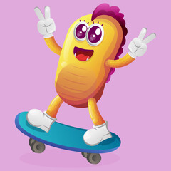 Cute yellow monster playing skateboard, skateboarding