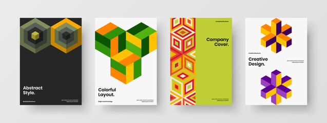 Minimalistic mosaic hexagons cover layout set. Original booklet A4 design vector template bundle.