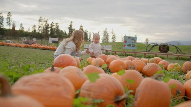 Young mom and toddler at pumpkin patch