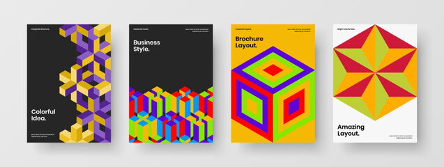 Multicolored presentation vector design layout collection. Bright geometric tiles book cover illustration bundle.