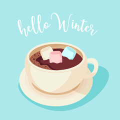 greeting card for christmas hello winter with a mug cup of hot cocoa