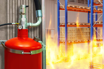 Warehouse fire. Burning warehouse with boxes. Flame extinguishing equipment. Red fire extinguisher hangs on wall. Warehouse emergency concept. Fire engulfed racks of cardboard boxes. 3d image.