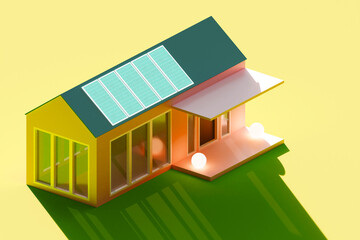 House with solar power plant. Solar panels on building. Mini power plant on roof of house. Sun traps on roof of cottage. Energy efficient cottage. Residential building with solar panels. 3d image. - obrazy, fototapety, plakaty
