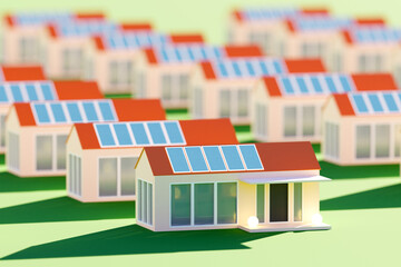 Village with solar panels. Houses with solar panels. Concept of energy efficiency of housing. Residential houses with solar traps on roof. Cottages with panoramic windows. Art focus. 3d image. - obrazy, fototapety, plakaty