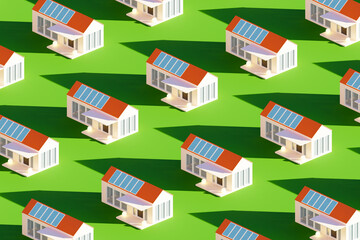 Solar batteries on rooftops. Photoelectric electricity. Solar battery top view. Photoelectric farm at roofs. Energy sun resources. IVF energy battery. Houses with own solar power plants. 3d image. - obrazy, fototapety, plakaty