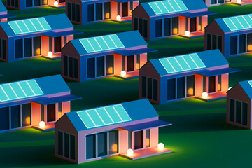 Night houses top view. Innovative houses with solar panels. Mini power plants on roofs of buildings. Solar panels on roof cottages. One-story residential cottages with solar electric traps. 3d image - obrazy, fototapety, plakaty