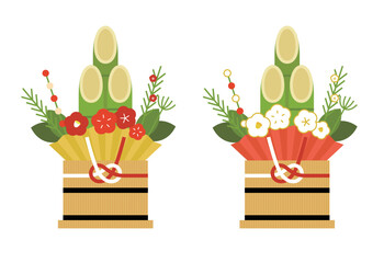 門松のイラストセット　正月飾り　お正月　玄関飾り　年賀状素材　新年　年賀　椿　梅　花　和風