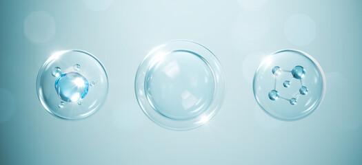 cosmetic moisturizer water molecule, Cosmetic Essence, Liquid bubble, Molecule inside Liquid Bubble on water background, 3d rendering - obrazy, fototapety, plakaty