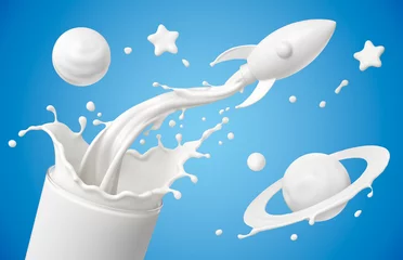 Poster Splash of milk in form of rocket shape, with clipping path. 3D illustration. © Anusorn