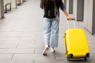 back view of woman having journey, carrying suitcase at airport