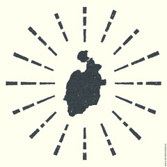 Isla de Providencia Logo. Grunge sunburst poster with map of the island. Shape of Isla de Providencia filled with hex digits with sunburst rays around. Superb vector illustration.