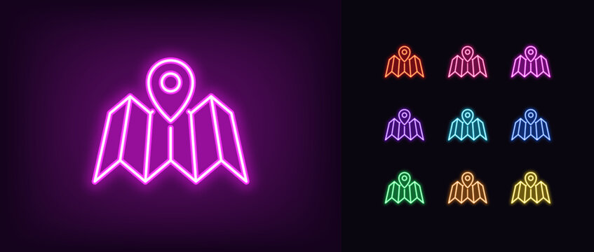 Outline neon map icon. Glowing neon map with pin marker, map pointer pictogram. Navigation landmark