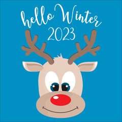Fototapeta na wymiar cute christmas greeting card hello winter with a deer drawn