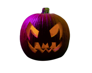 Real Halloween orange pumpkin transparent background giving spooky season vibes. Scary pumpkin head portrait glowing inside with orange lights, October 16, 2022.