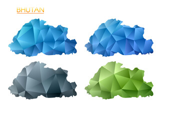 Set of vector polygonal maps of Bhutan. Bright gradient map of country in low poly style. Multicolored Bhutan map in geometric style for your infographics. Captivating vector illustration.